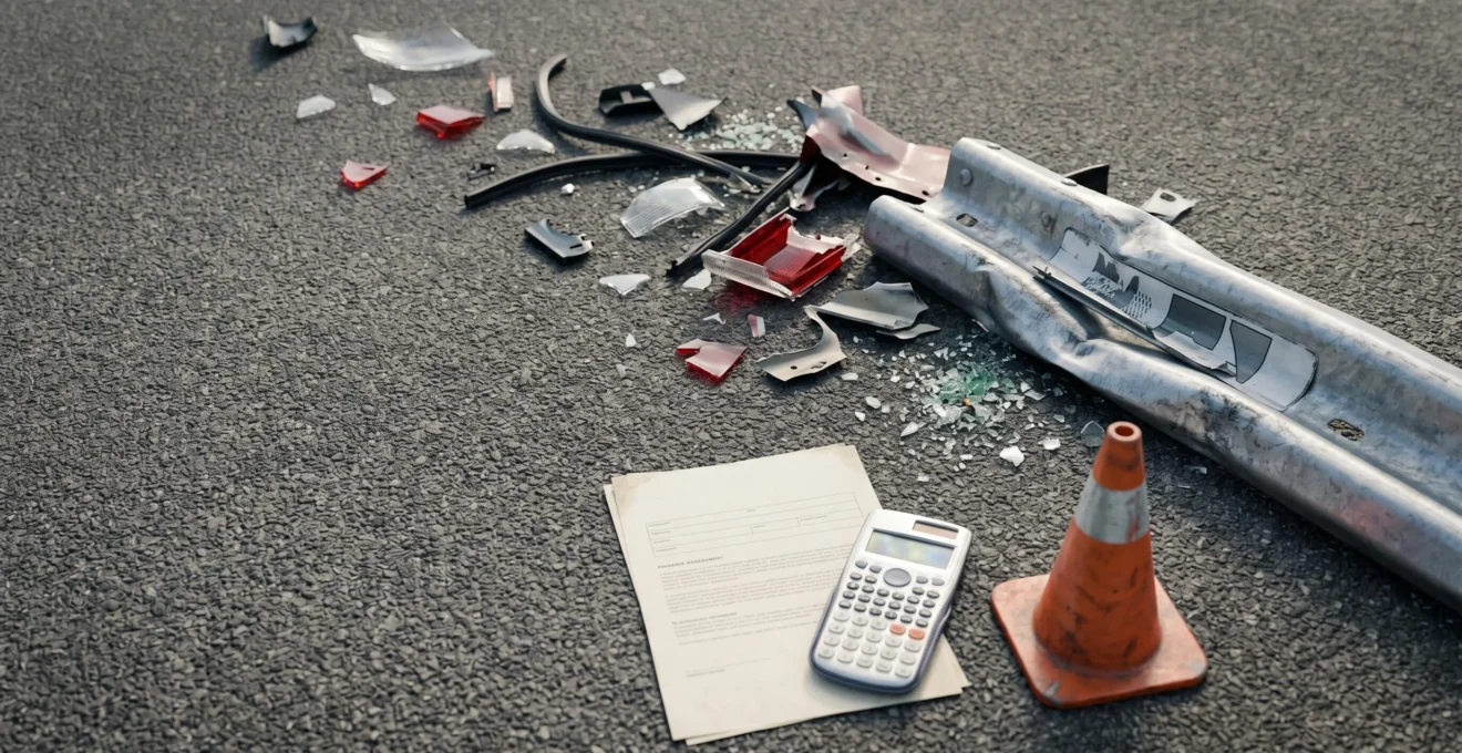 Scène d'accident automobile avec évaluation des dommages matériels et équipements urbains