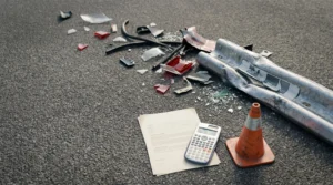 Scène d'accident automobile avec évaluation des dommages matériels et équipements urbains