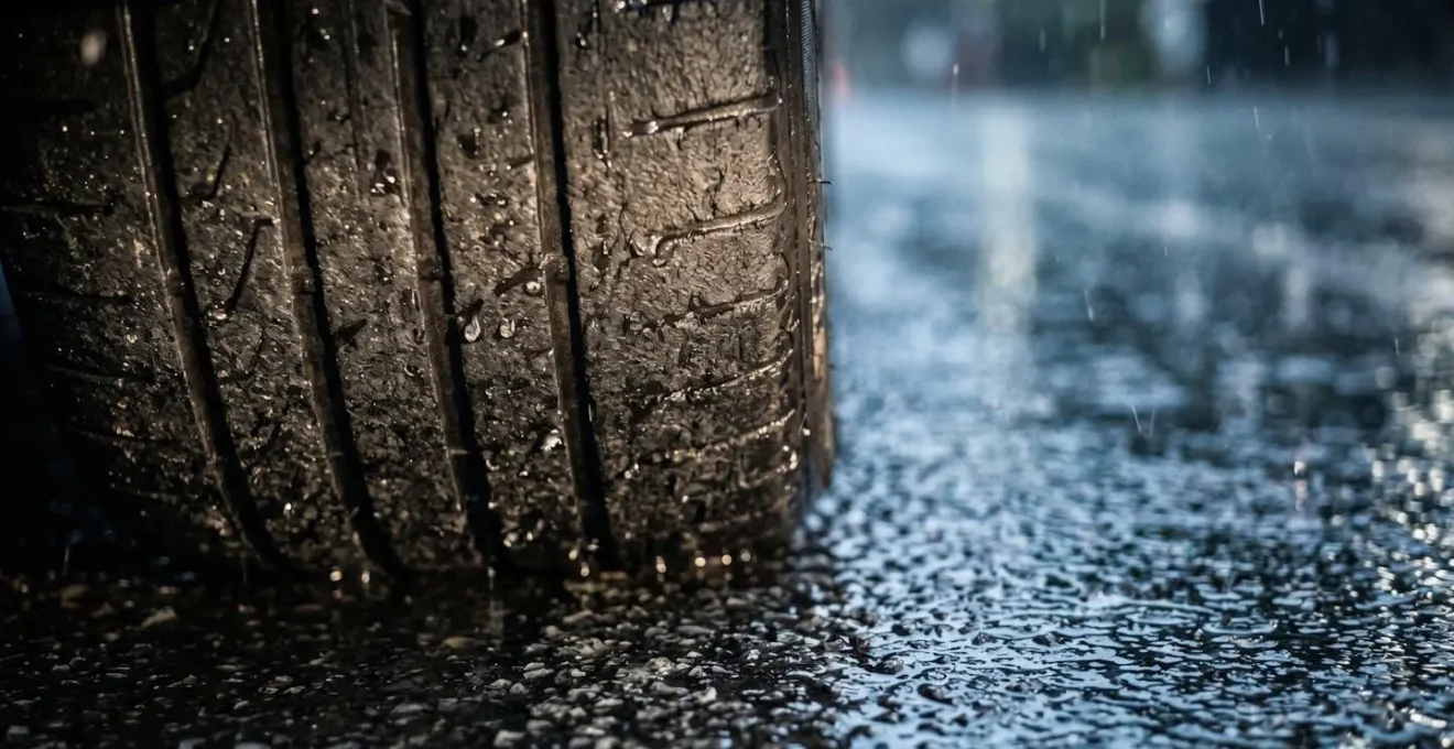 Gros plan sur un pneu de voiture très usé en contact avec une chaussée mouillée sous la pluie