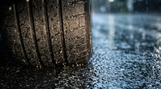 Gros plan sur un pneu de voiture très usé en contact avec une chaussée mouillée sous la pluie