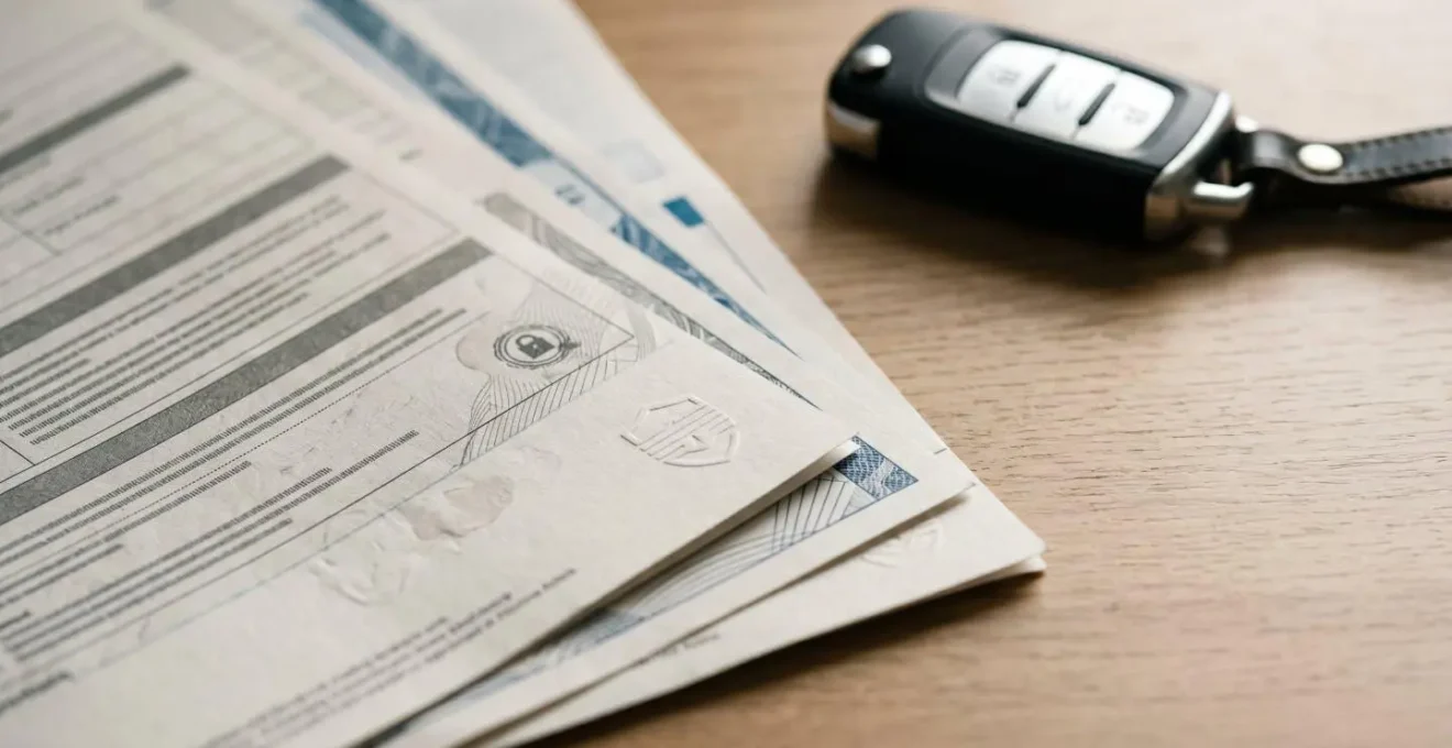 Photographie éditoriale représentant les documents de prêt automobile et les garanties d'assurance