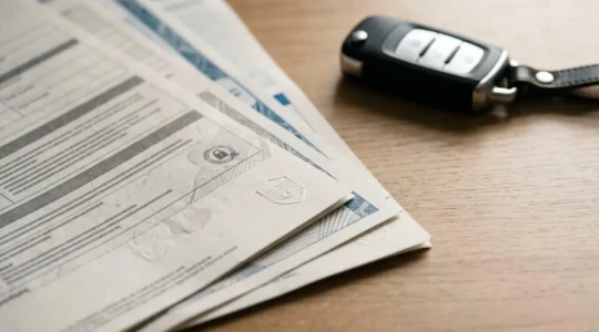 Photographie éditoriale représentant les documents de prêt automobile et les garanties d'assurance