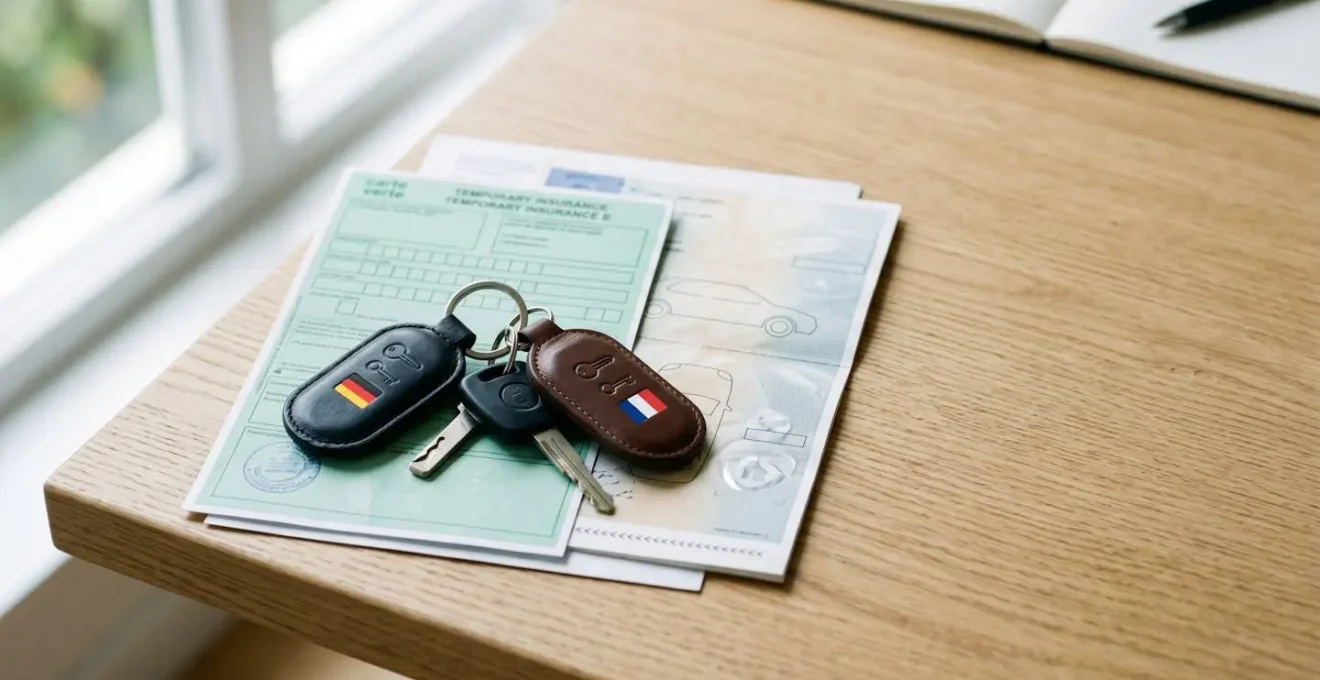 Documentation administrative et clés automobiles sur une surface moderne pour import véhicule