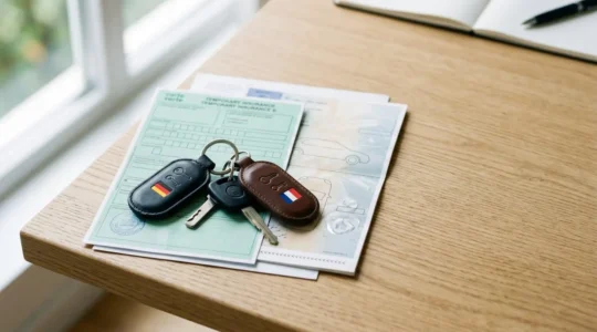 Documentation administrative et clés automobiles sur une surface moderne pour import véhicule