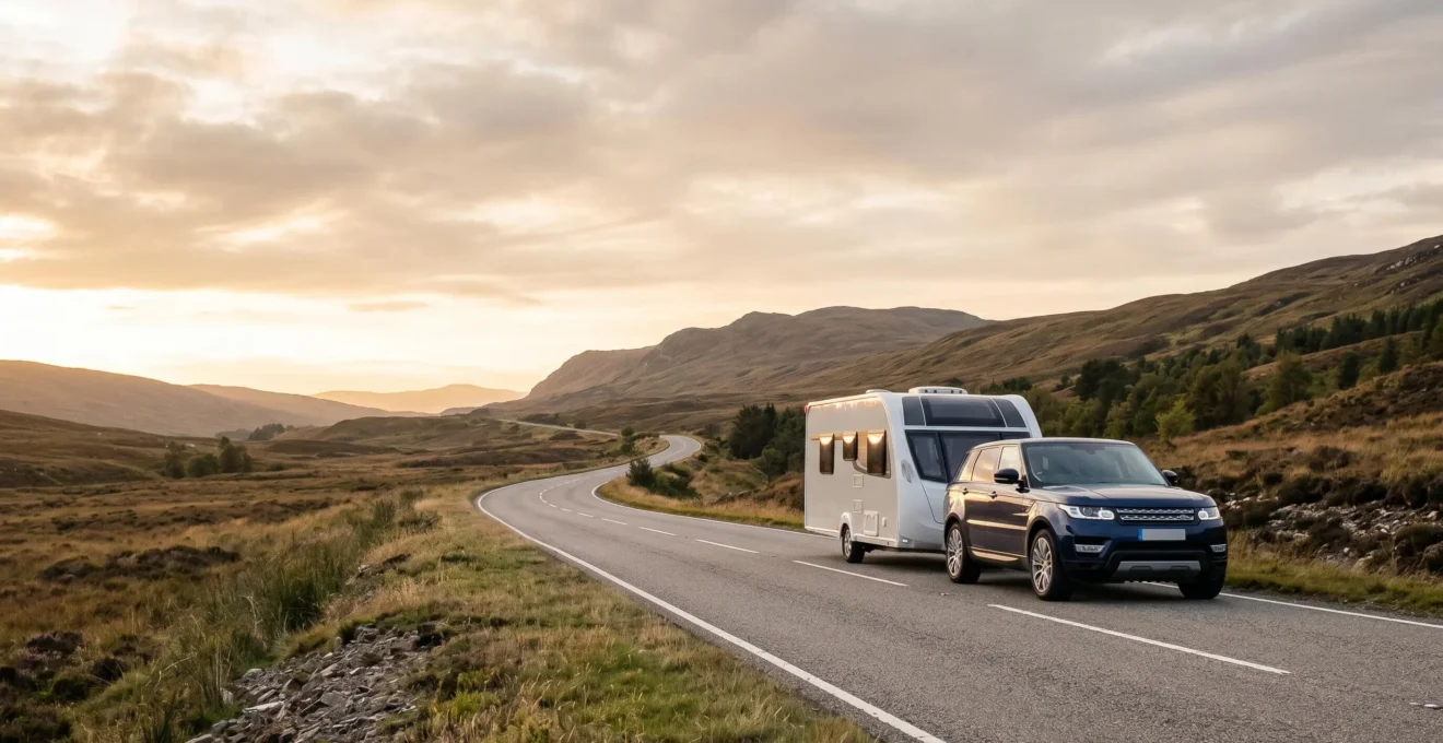 Voiture tractant une caravane sur une route de vacances au coucher du soleil