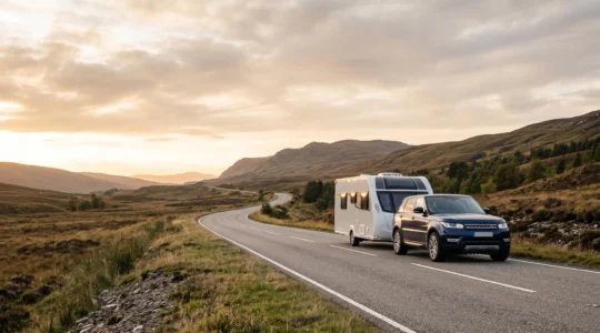 Voiture tractant une caravane sur une route de vacances au coucher du soleil