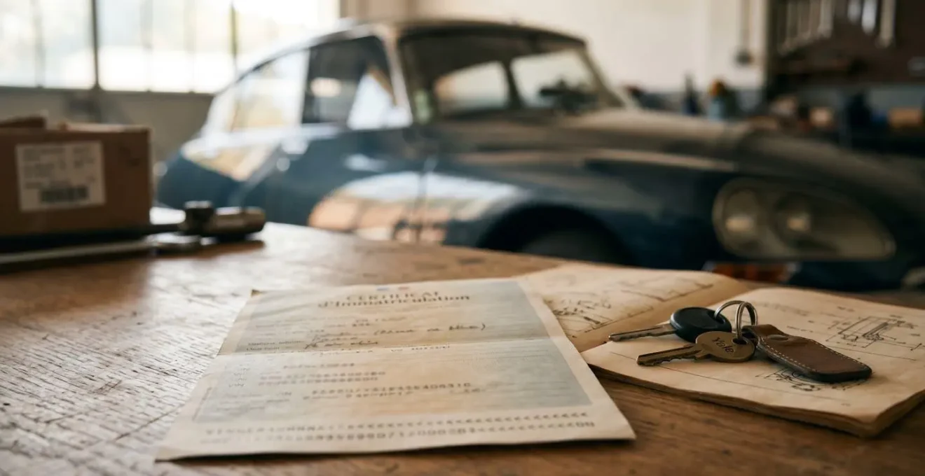 Gros plan sur un certificat d'immatriculation collection et un véhicule ancien classique français