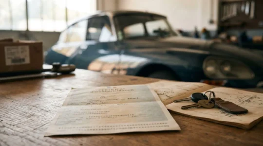 Gros plan sur un certificat d'immatriculation collection et un véhicule ancien classique français