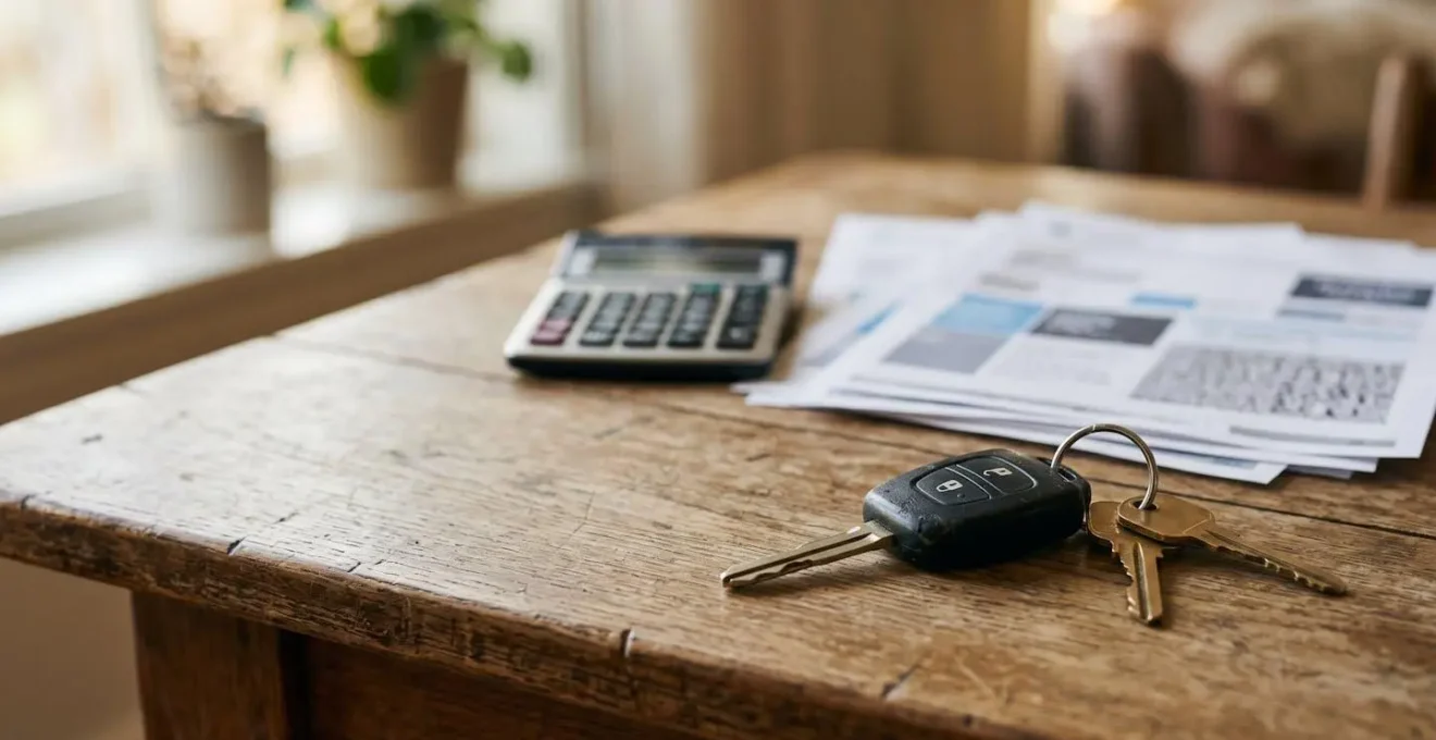 Clés de voiture posées sur des documents d'assurance automobile avec calculatrice