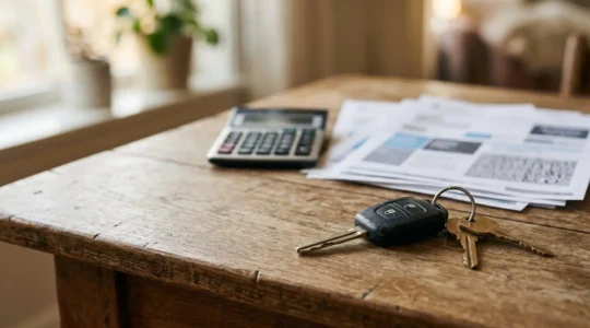 Clés de voiture posées sur des documents d'assurance automobile avec calculatrice