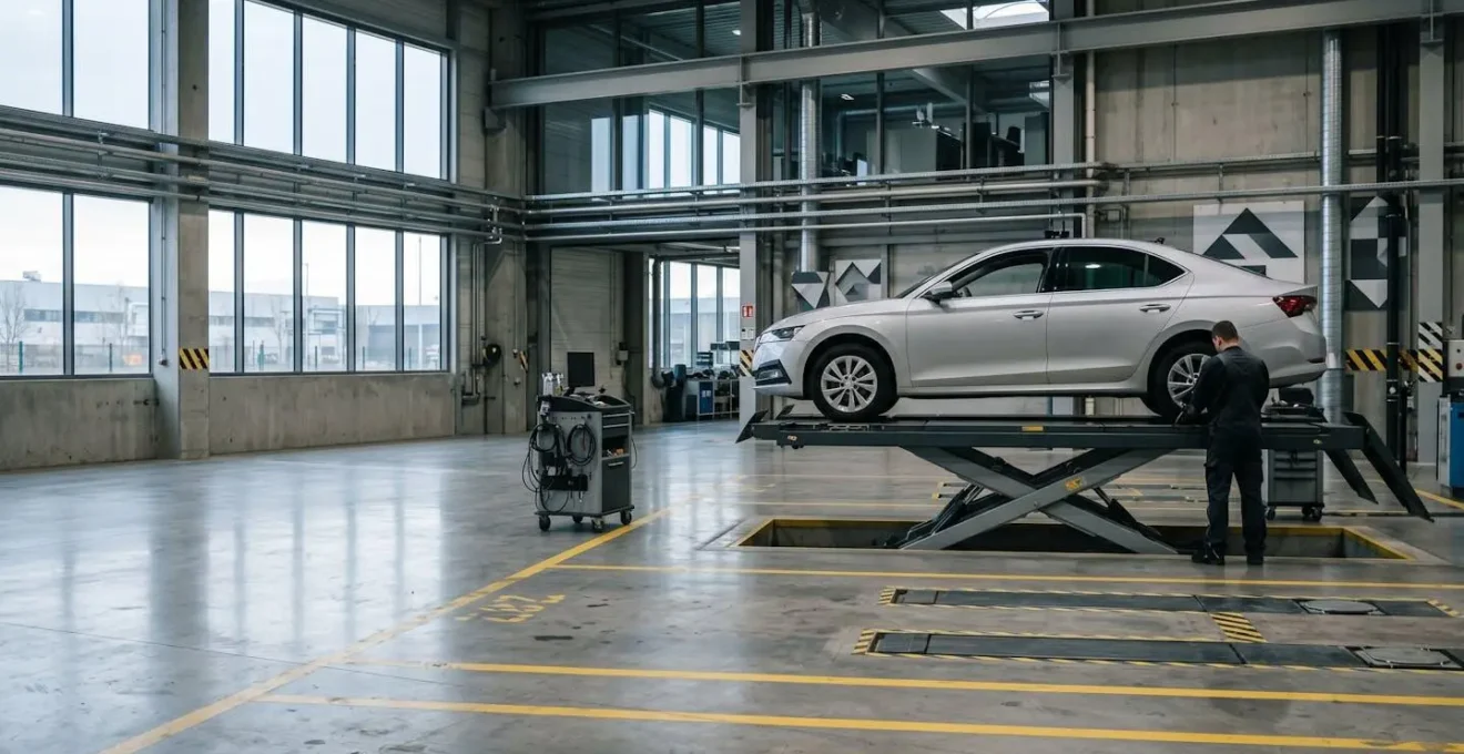 Intérieur d'un centre de contrôle technique automobile avec véhicule sur pont élévateur en inspection
