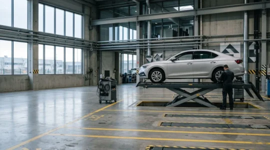 Intérieur d'un centre de contrôle technique automobile avec véhicule sur pont élévateur en inspection