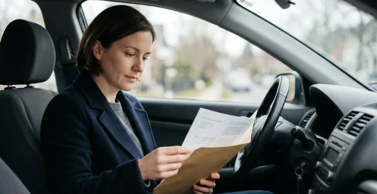 Conducteur consultant des documents d'assurance auto après un accident léger