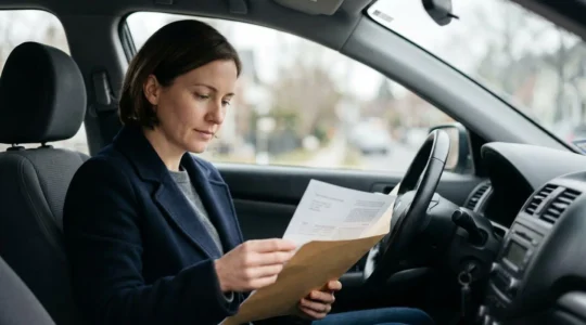 Conducteur consultant des documents d'assurance auto après un accident léger