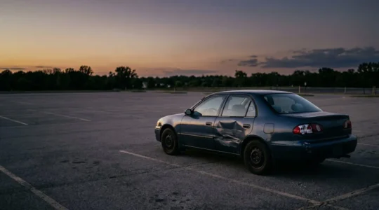 Scène symbolisant l'absence de couverture de l'assurance auto au tiers avec un véhicule endommagé