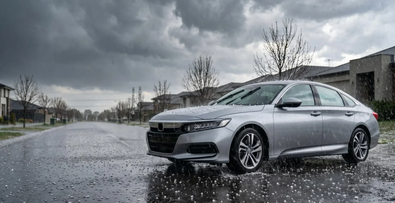 Véhicule sous pluie intense et grêle avec impacts sur la carrosserie illustrant les risques climatiques automobiles