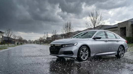 Véhicule sous pluie intense et grêle avec impacts sur la carrosserie illustrant les risques climatiques automobiles