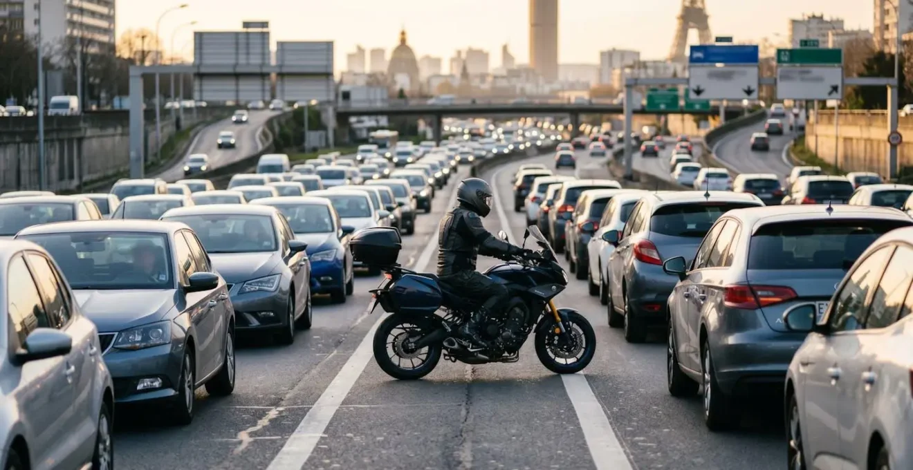 Motard circulant entre les files de voitures sur une route urbaine française