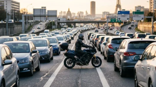 Motard circulant entre les files de voitures sur une route urbaine française