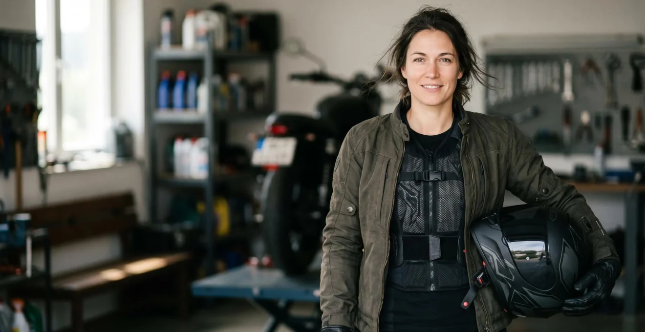 Motard équipé d'un gilet airbag moderne sous son blouson, prêt à prendre la route en toute sécurité