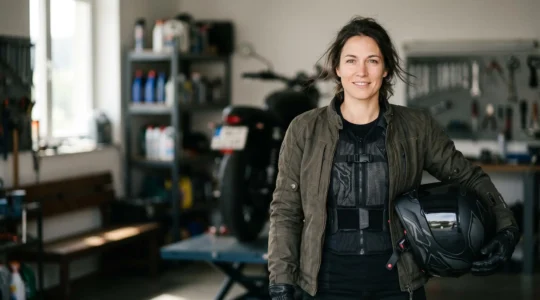 Motard équipé d'un gilet airbag moderne sous son blouson, prêt à prendre la route en toute sécurité