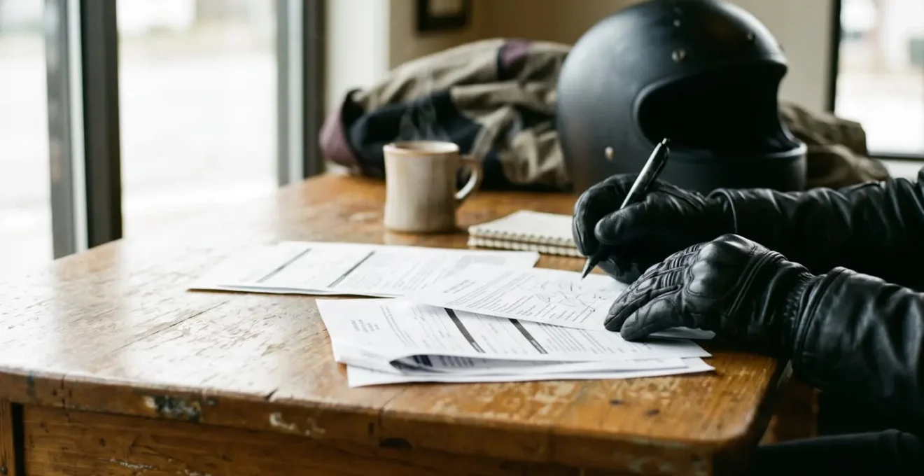 Motard consultant des documents juridiques avec son casque pose sur un bureau professionnel