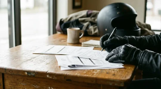Motard consultant des documents juridiques avec son casque pose sur un bureau professionnel