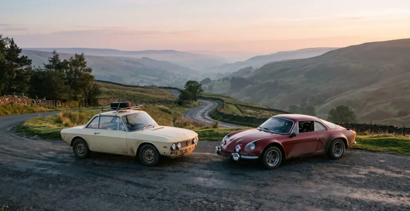 Deux véhicules de collection côte à côte sur une route de campagne sinueuse au lever du soleil, illustrant la différence entre rallye touristique et compétition chronométrée