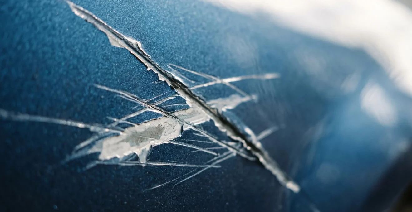Détail d'une carrosserie automobile vandalisée avec des traces de dégradation intentionnelle
