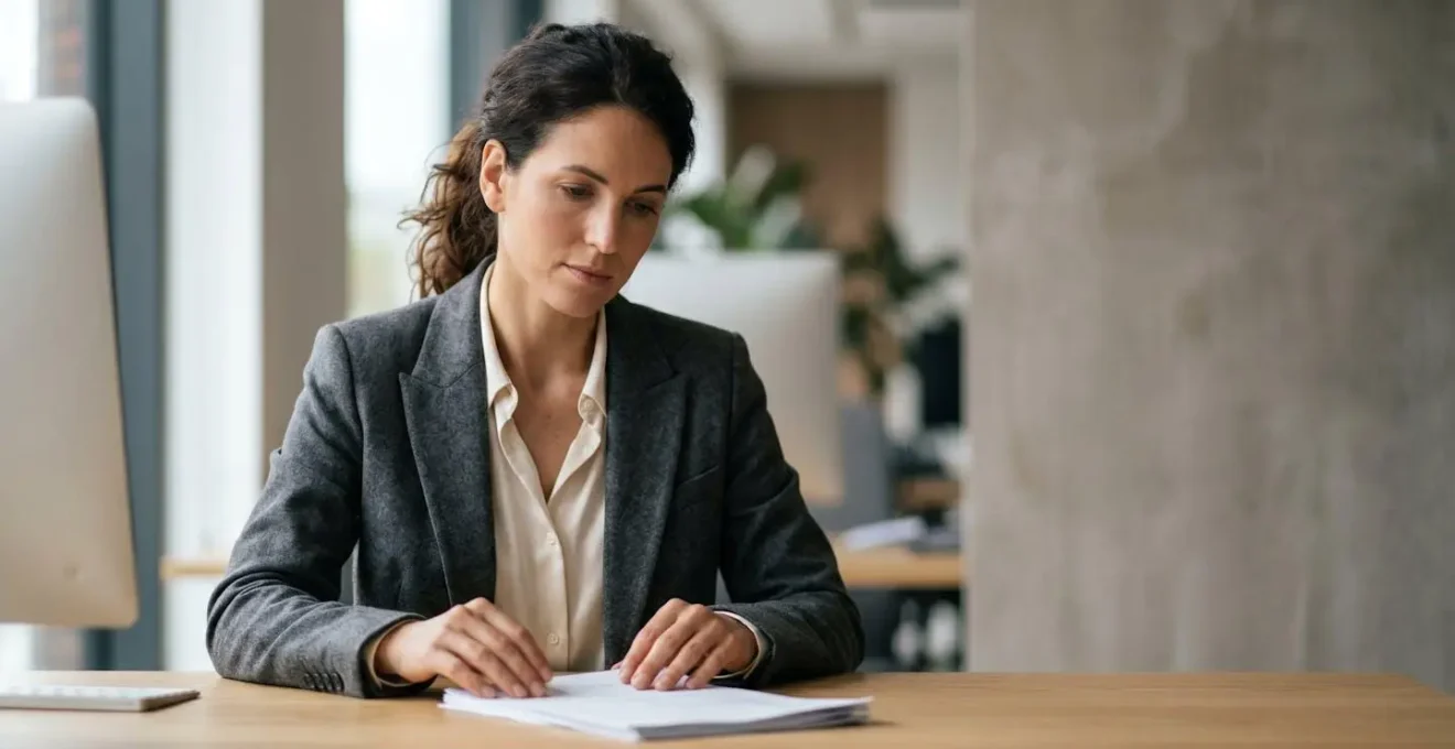 Personne examinant des documents financiers avec détermination dans un environnement professionnel moderne