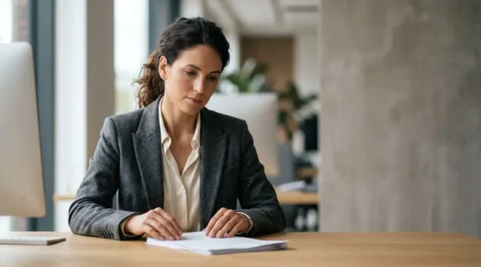 Personne examinant des documents financiers avec détermination dans un environnement professionnel moderne