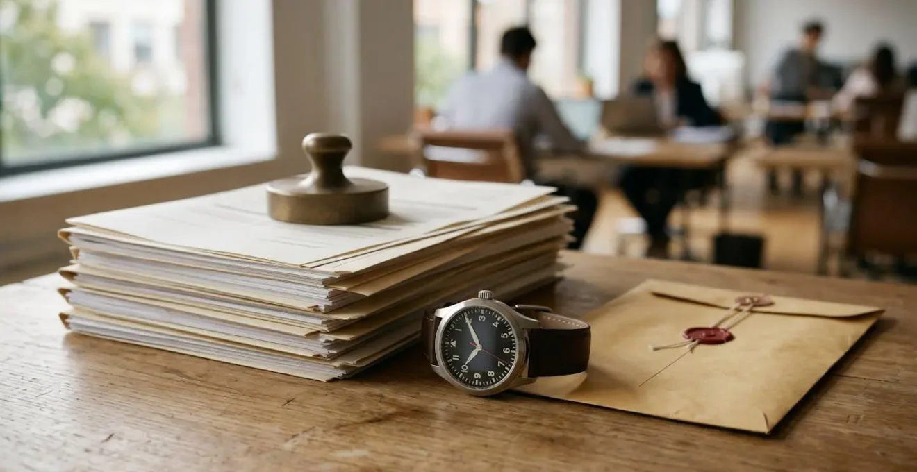 Document officiel sur bureau avec montre symbolisant urgence administrative