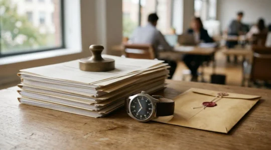 Document officiel sur bureau avec montre symbolisant urgence administrative