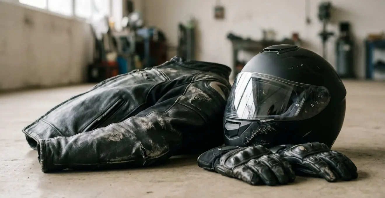 Équipement de motard endommagé après un accident nécessitant remboursement par l'assurance