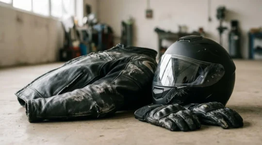 Équipement de motard endommagé après un accident nécessitant remboursement par l'assurance