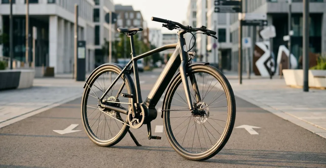 Cycliste en équipement de sécurité sur un vélo électrique rapide en milieu urbain