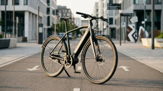 Cycliste en équipement de sécurité sur un vélo électrique rapide en milieu urbain