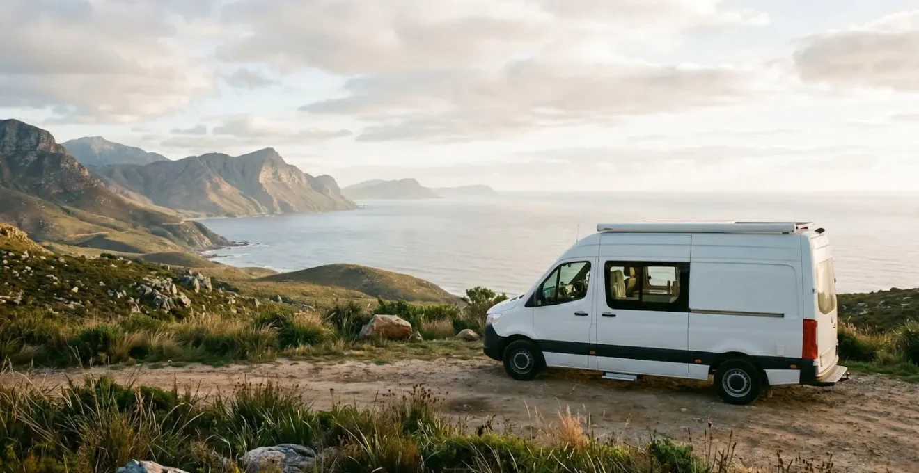 Van aménagé stationné face à un paysage de montagne au coucher de soleil, symbole de la vie nomade en camping-car