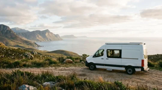 Van aménagé stationné face à un paysage de montagne au coucher de soleil, symbole de la vie nomade en camping-car